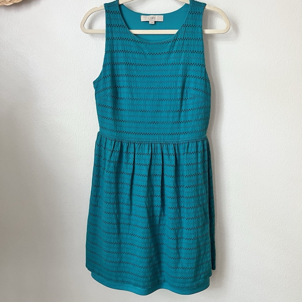 LOFT Sleeveless teal eyelet hole mini stretch dress S office summer career work